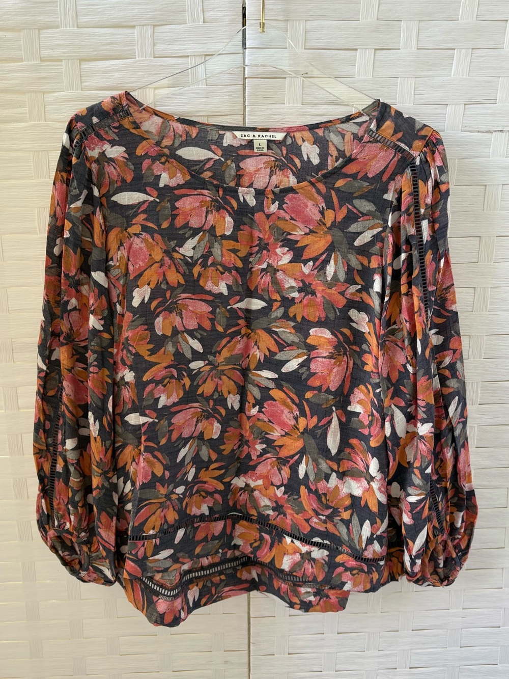 Zac & Rachel L Floral Long-Sleeve Blouse in Rust & Pink Floral Hi Low Career